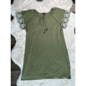 Talbots Green Casual Shift Dress White Embroidered Sleeves 2X